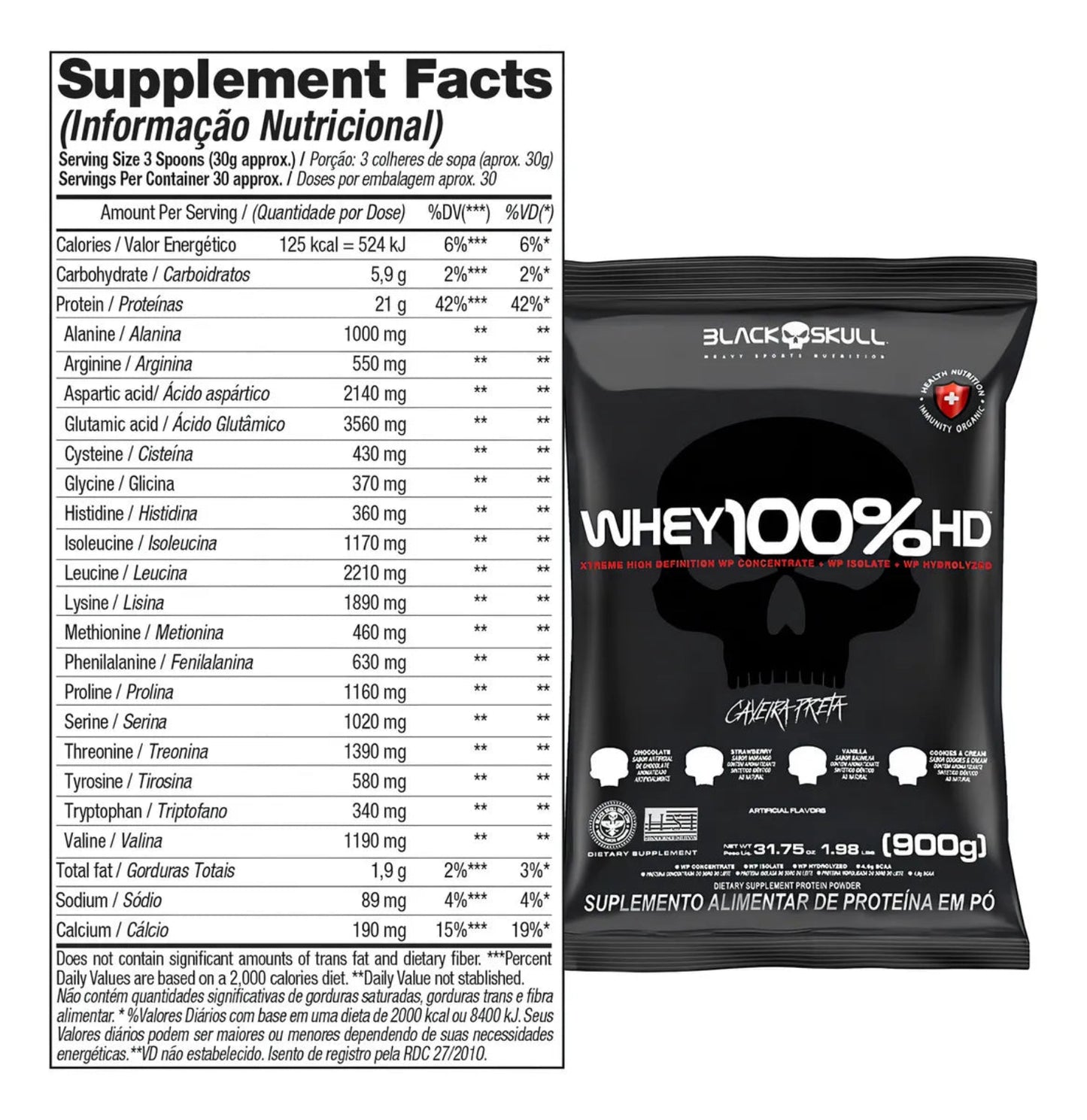 Whey 100% Hd Refil Black Skull 900g Wpc Wpi E Wph Sabor Baunilha