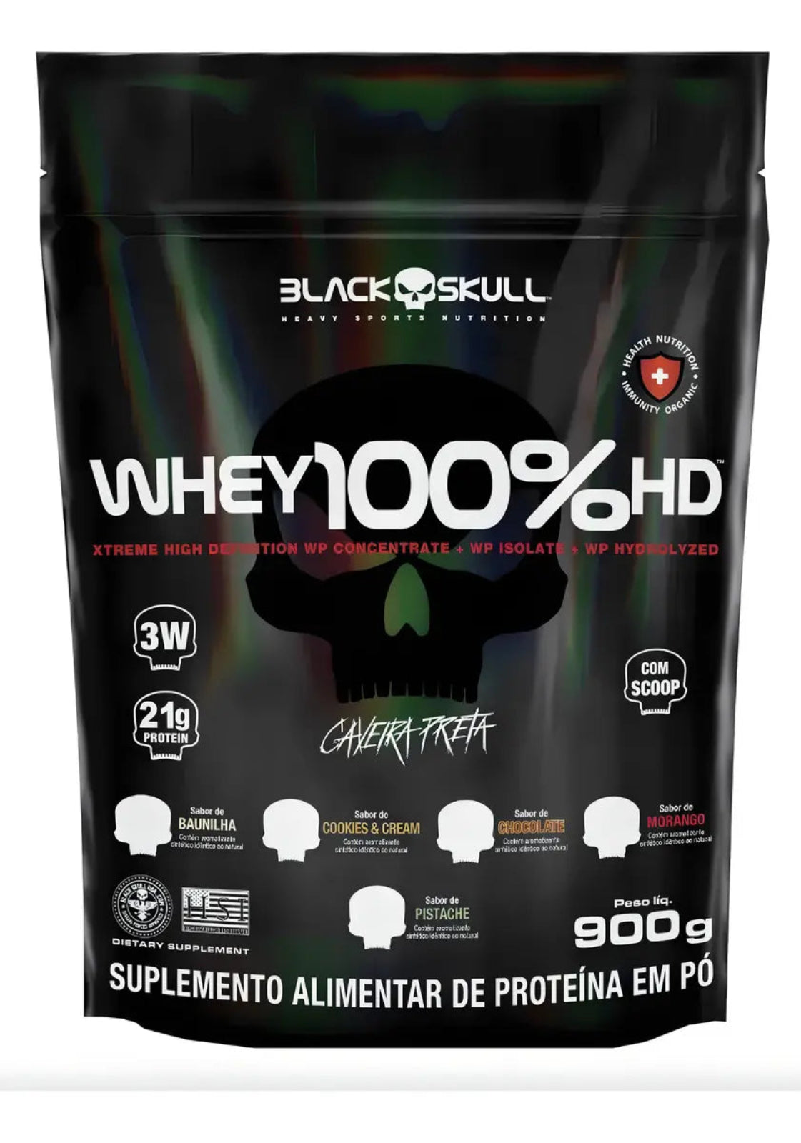 Whey 100% Hd Refil Black Skull - 900g  Sabor Morango