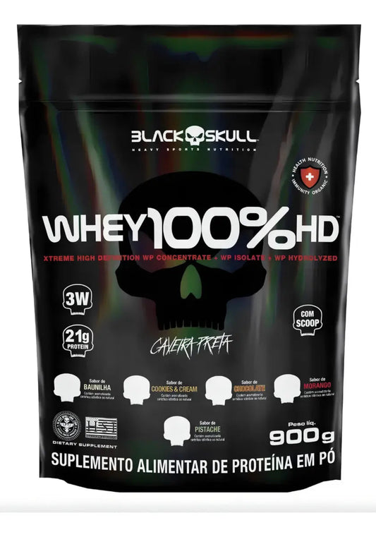 Whey 100% Hd Refil Black Skull - 900g  Sabor Morango