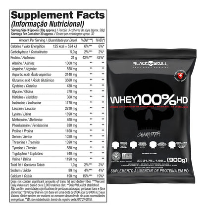 Whey 100% Hd Refil Black Skull - 900g  Sabor Morango