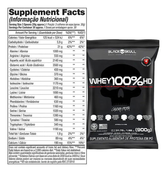 Whey 100% Hd Refil Black Skull - 900g  Sabor Morango